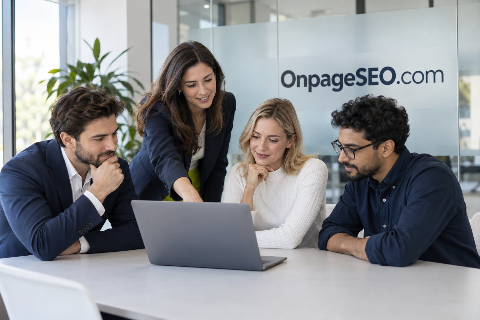 Consultants discussing a page review in a bright meeting room